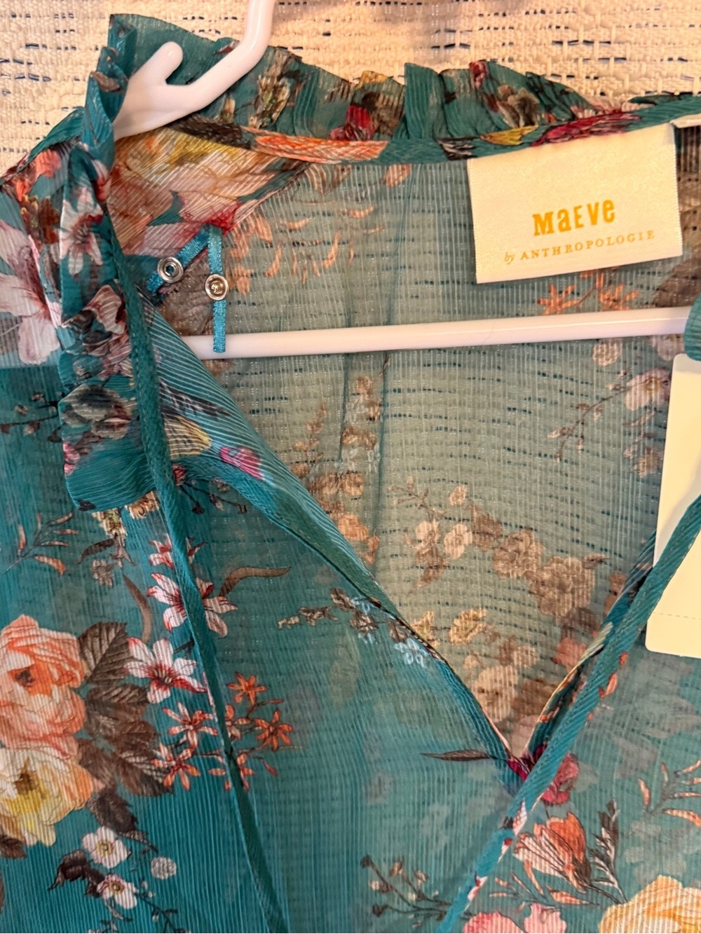 NWT Anthropologie Maive Teal Floral Ruffle-Trim Sheer Long-Sleeve Dress. Size XS - Picture 14 of 16
